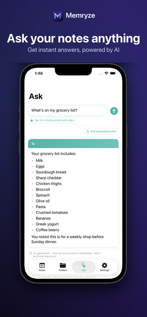 Memryze Ask screen answering a question about a grocery list using only the user's own notes