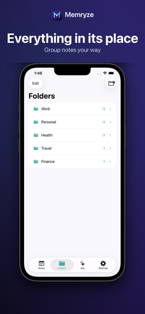Memryze Folders screen showing notes automatically grouped into Work, Personal, Health, Travel, and Finance